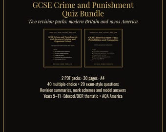 Paquete de cuestionarios de historia para el GCSE / Crimen y castigo en la época moderna + Repaso sobre la Ley Seca y los gánsteres en Estados Unidos (1920-1973) / Claves de respuestas