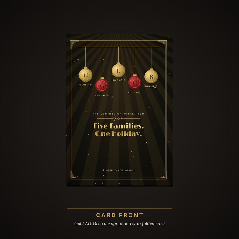 May include: A 5x7 folded card with a black and gold art deco design. It features five hanging ornaments labeled with letters and family names, and the text: The Commission wishes you Five Families. One Holiday. A very merry sit-down to all.