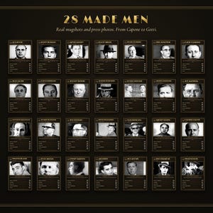 May include: A black poster titled 28 MADE MEN: Real mugshots and press photos. From Capone to Gotti. It features a grid of 28 individual cards, each displaying a black and white portrait of a historical figure with text details and numerical data.