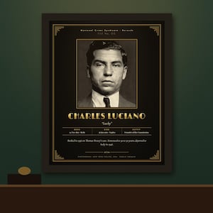 May include: A framed black and gold poster featuring a vintage mugshot of Charles Luciano, also known as Lucky. The text includes National Crime Syndicate Records, birth and death dates, and a brief historical summary of his criminal conviction.