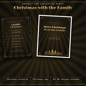 May include: Two rectangular cards with black backgrounds and gold sunburst patterns. The left card reads A Family Christmas, and the right card reads Merry Christmas from the Family with a gold city skyline graphic at the bottom.
