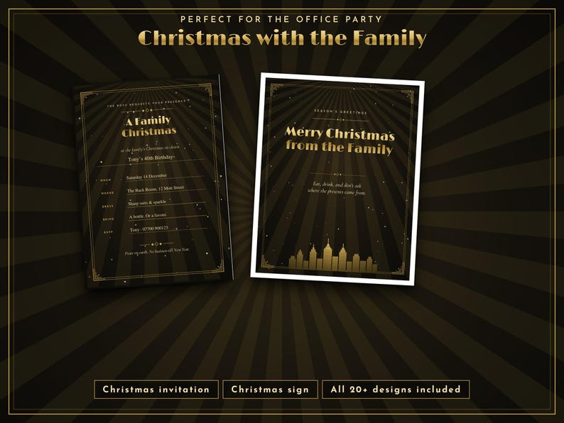 May include: Two rectangular cards with black backgrounds and gold sunburst patterns. The left card reads A Family Christmas, and the right card reads Merry Christmas from the Family with a gold city skyline graphic at the bottom.