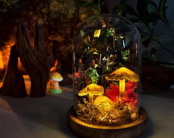Lámpara de noche con forma de hongo oscuro, hecha a mano con paisaje, ideal para dormitorio, sala de estar y decoración acogedora.