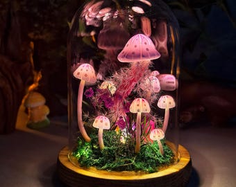 Lámpara de hongo encantada hecha a mano, luces de hadas con jardín, dormitorio caprichoso, sala de estar, decoración natural para el hogar