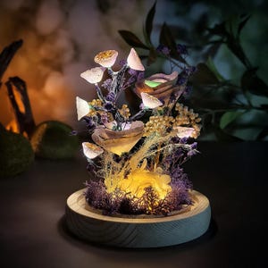 Whimsical Mushroom Night Light, Unique Gift for Her, Fairy Lamp with Wood Base, Cottagecore Room Decor, Cozy Home Gift Idea