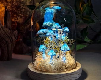 Lámpara de noche con forma de hongo azul, hecha a mano con paisaje, ideal para dormitorio, sala de estar y decoración acogedora.