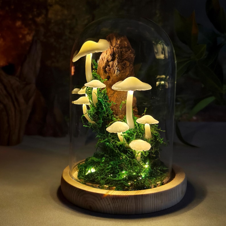 May include: A decorative glass cloche featuring illuminated mushroom sculptures. The mushrooms have white caps and stems, nestled among green moss and a piece of wood. The base is made of light-colored wood.