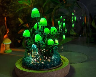 Lámpara de noche con forma de hongo verde, hecha a mano con paisaje, ideal para dormitorio, sala de estar y decoración acogedora.