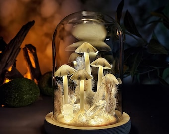 Glowing Crystal Handmade Mushroom Night Light,  Mushroom Lamp with Landscape, Whimsical Bedroom, Living Room, Cozy Home Decor