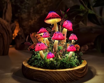 Lampe champignon enchantée faite main, guirlande lumineuse avec jardin, chambre à coucher fantaisiste, salon, décoration d'intérieur nature
