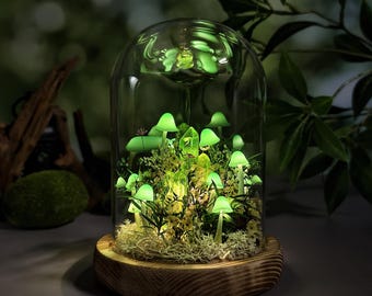 Lámpara de noche con forma de hongo de cristal, hecha a mano con paisaje, ideal para dormitorio, sala de estar y decoración acogedora.