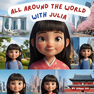 May include: A colorful graphic featuring a cartoon girl with black hair and brown eyes, set against various cityscapes. Text reads "ALL AROUND THE WORLD WITH JULIA" and "BY SHANN SIM". The image showcases diverse architectural styles.