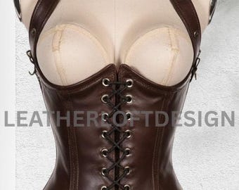 Ręcznie robiony brązowy skórzany gorset ze sznurowanym przodem | Strój steampunkowy i cosplay