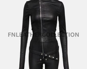 Women’s Black Leather Jumpsuit – Full Sleeve Zipper Bodysuit – High Neck One Piece Outfit