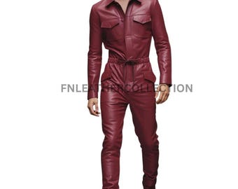 Men’s Burgundy Leather Jumpsuit Outfit