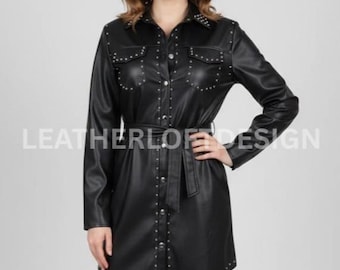 Black Sheepskin Leather Shirt Dress for Women Long Sleeve Button Front Belted Outfit