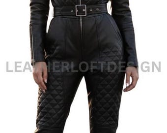 Mono de cuero acolchado negro con cinturón para mujer