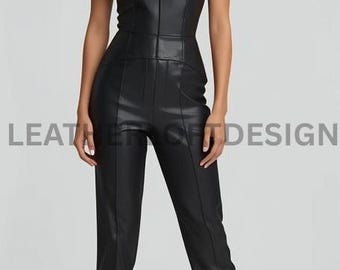 Black Real Leather Jumpsuit | Women’s Sleeveless Slim Fit Outfit | Elegant Party & Evening Wear