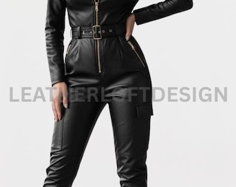 Black Real Leather Belted Jumpsuit for Women Zipper Front Moto Style Outfit Stylish Leather