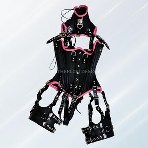 Real Leather Corset Harness Set – Black and Pink Adjustable Strappy Outfit | Cosplay & Festival Wear