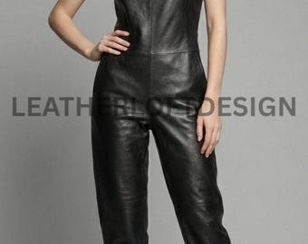 Genuine Sheepskin Leather Jumpsuit for Women Sleek Black Sleeveless Zip Front Leather Outfit