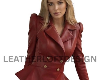 Rode schapenvachtleren blazer voor dames, dubbele knoopstijl, gestructureerd modejack
