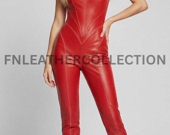 Red Leather Women’s Slim Fit Jumpsuit Outfit