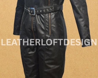 Black Real Leather Tactical Jumpsuit – Belted Catsuit for Cosplay & Fashion Events