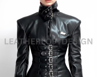 Chaqueta de cuero auténtico con hebilla negra y cuello alto, abrigo estructurado