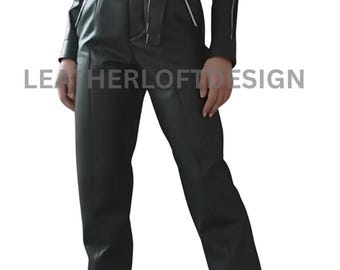 Women’s Black Real Leather Jumpsuit with Belted Waist – Stylish Biker Inspired Outfit