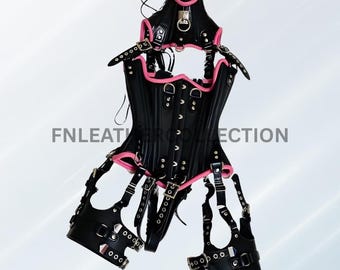 Real Leather Corset Harness Set – Black and Pink Adjustable Strappy Outfit | Cosplay & Festival Wear