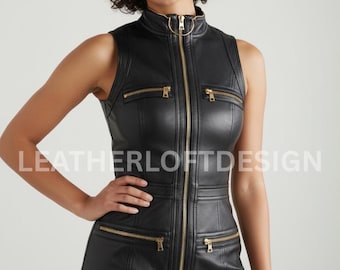 Zwarte echt leren mini-jurk met rits voor dames – mouwloze bodycon-jurk met gouden details
