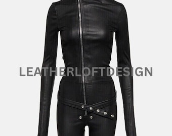 Women’s Black Leather Jumpsuit – Full Sleeve Zipper Bodysuit – High Neck One Piece Outfit