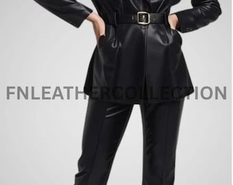Women’s Black Real Leather Suit Set – Blazer with Belt and Pants