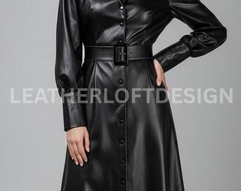Black Real Leather Midi Dress Belted Button Down, Long Sleeve