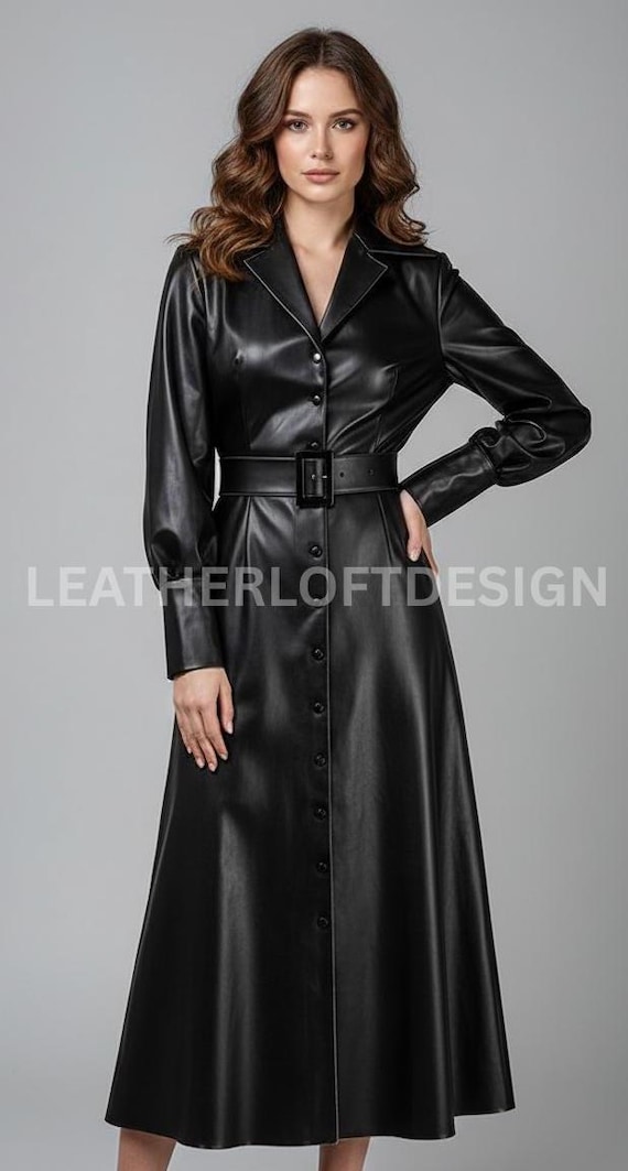 Black Real Leather Midi Dress Belted Button Down, Long Sleeve