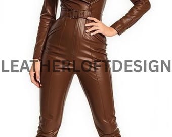 Brown Real Leather Jumpsuit for Women Belted One Piece Outfit with Long Sleeves