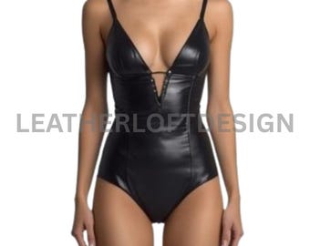 Black Leather Look Bodysuit with Adjustable Straps – Gothic Festival Cosplay Outfit