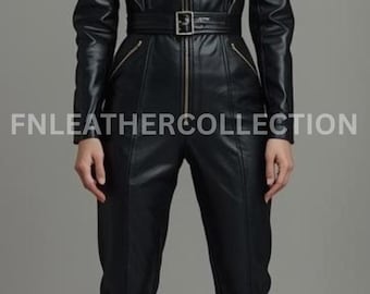 Women's Black Leather Belted Jumpsuit