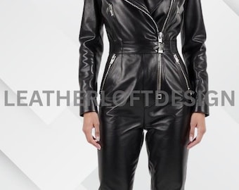 Tuta da donna in vera pelle nera con collo in pelliccia staccabile – Tuta intera invernale alla moda per motociclisti