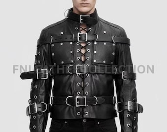 Men's Black Leather Restraint Jacket with Buckles