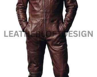 Men’s Genuine Sheepskin Leather Jumpsuit Classic Brown Zip Front Full Body Leather Outfit