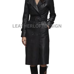 Women’s Black Leather Trench Coat – Double-Breasted Long Coat with Belt