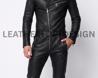 Men’s Black Sheepskin Leather Jumpsuit with Zip Front and Belt
