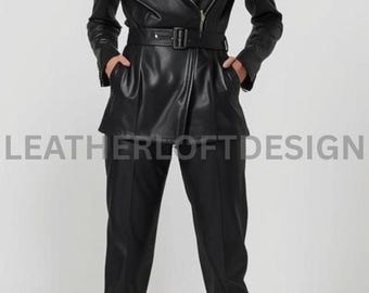 Black Real Leather Jumpsuit for Women – Belted Two Piece Outfit with Long Sleeves