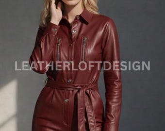 Genuine Leather Jumpsuit: Belted Button-Front Outfit