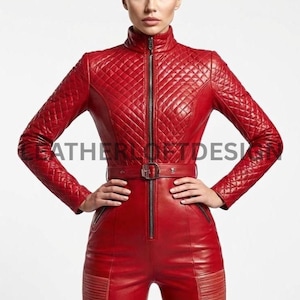 Red Sheepskin Leather Jumpsuit: Quilted Bodysuit with Belt image 1