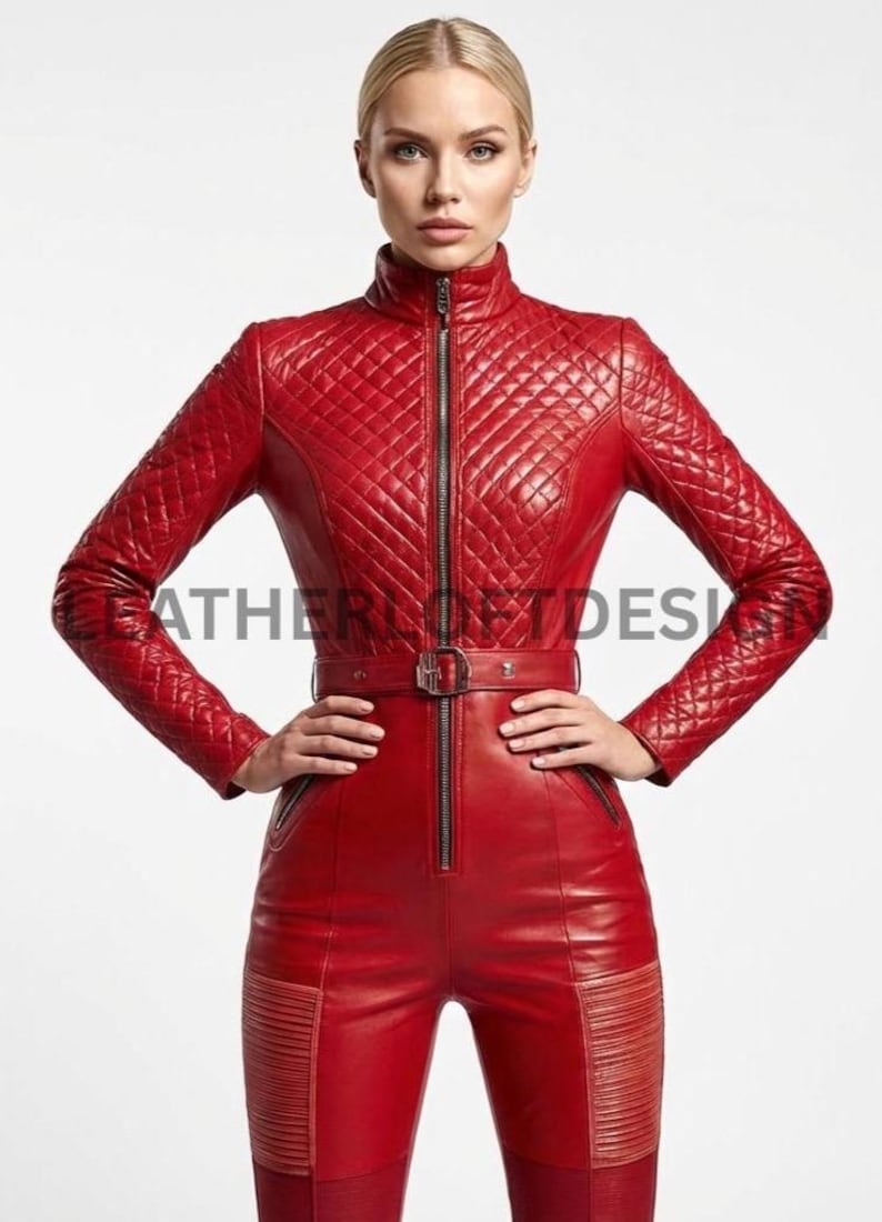 Red Sheepskin Leather Jumpsuit: Quilted Bodysuit with Belt image 1