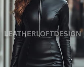 Black Genuine Sheepskin Leather Bodycon Dress for Women Long Sleeve Zip Front