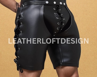 May include: Black leather shorts with lace-up detailing on the sides and front. The shorts have a zipper closure and a studded waistband. The text "LEATHERLOFTDESIGN" is visible on the shorts.